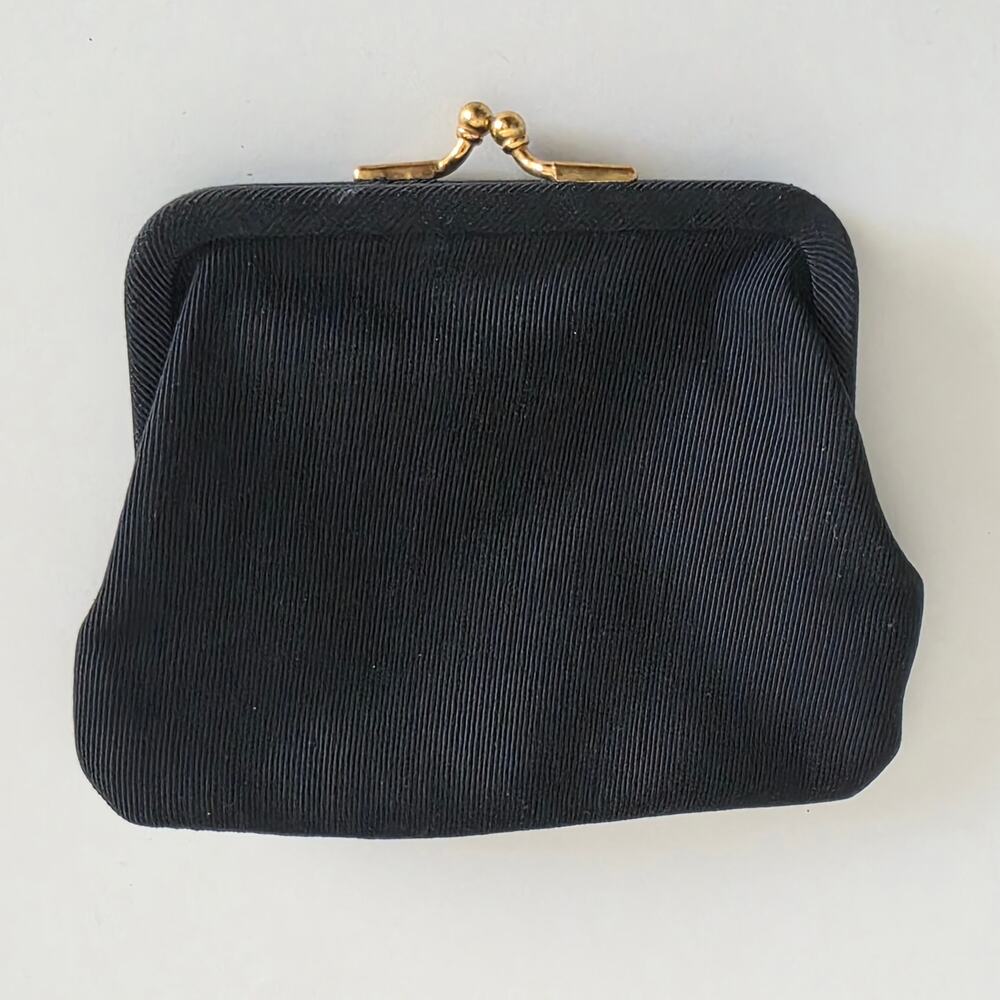 Vintage Black Fabric Coin Purse Gold Tone Kiss Lock